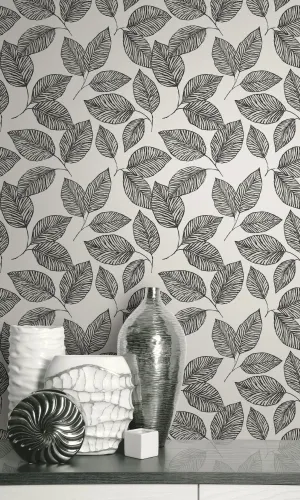 Black Hand Drawn Tropical Leaves Wallpaper R8515