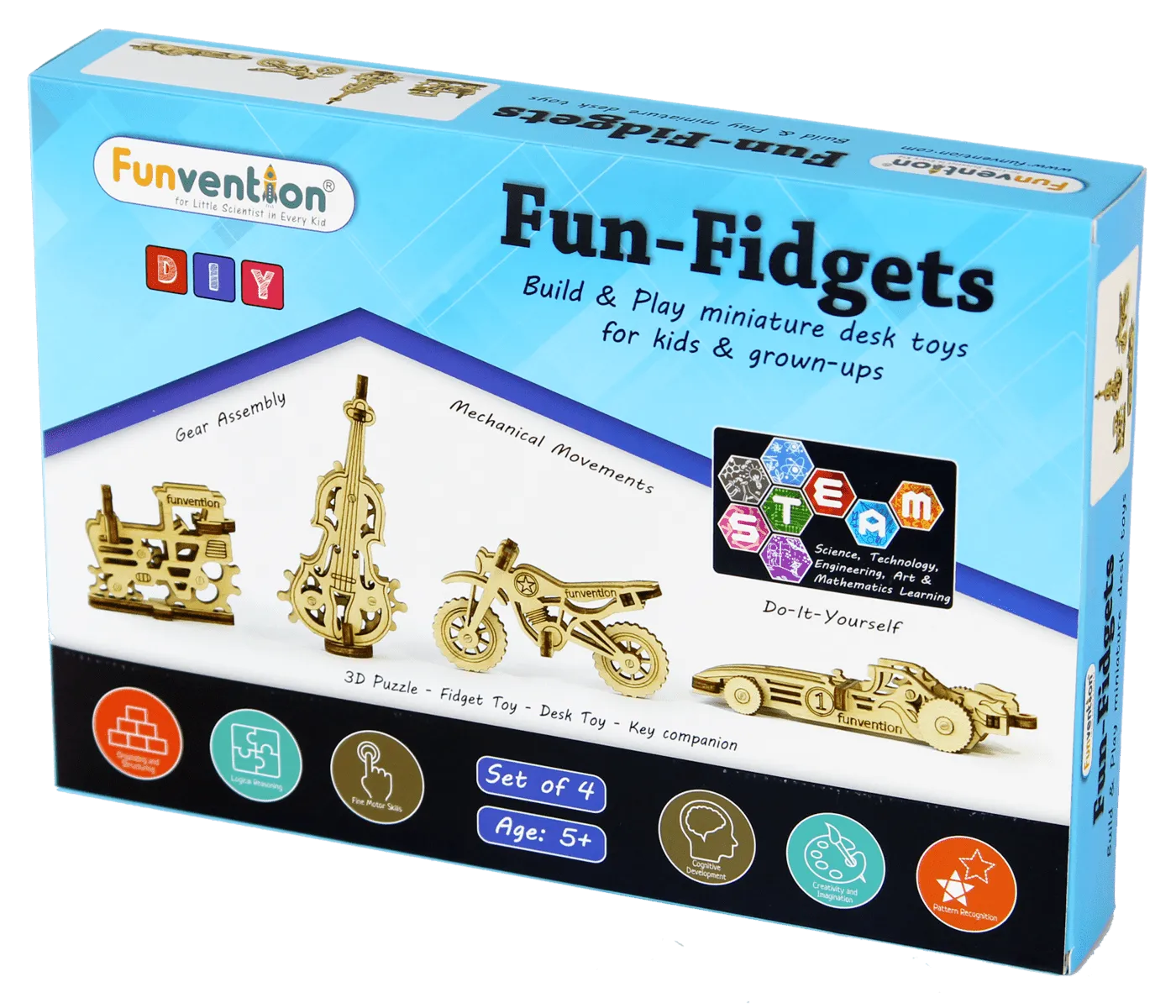 Funvention Fun Fidgets - Assorted - Set of 4 Miniature Mechanical Model - DIY 3D Puzzle, Keychain, Desk Toy