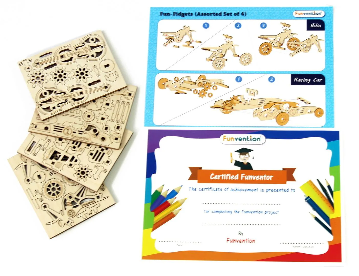 Funvention Fun Fidgets - Assorted - Set of 4 Miniature Mechanical Model - DIY 3D Puzzle, Keychain, Desk Toy