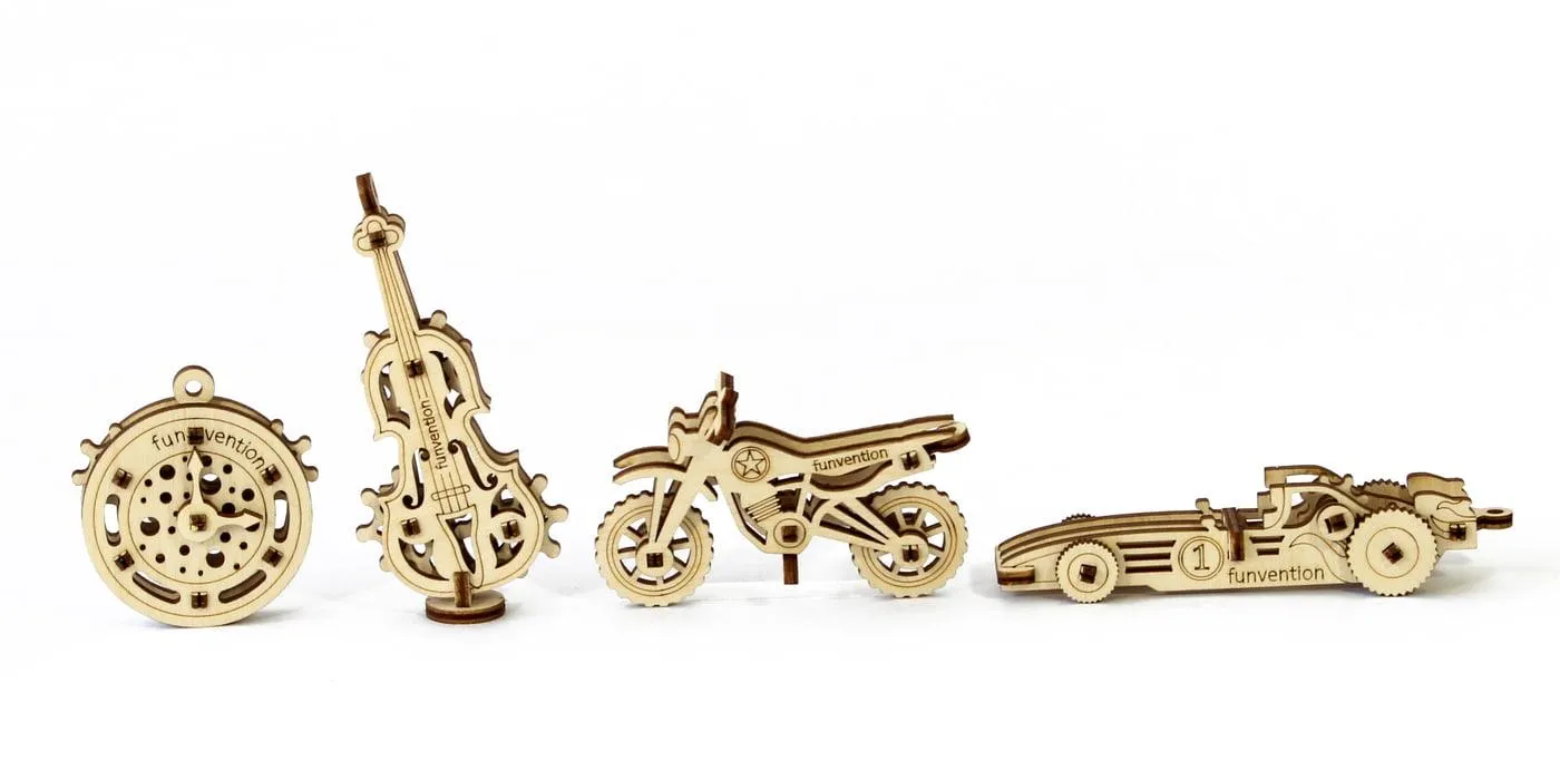 Funvention Fun Fidgets - Assorted - Set of 4 Miniature Mechanical Model - DIY 3D Puzzle, Keychain, Desk Toy