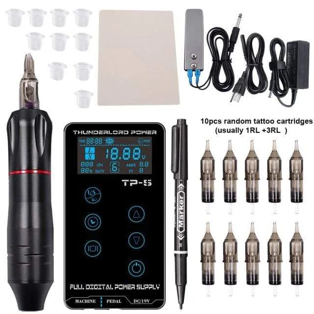 Professional Tattoo Machine Kit TP-5 Power Supply Tattoo Rotary Gun Digital Dual LCD Display Cartridges For Tattoo Artist Gift