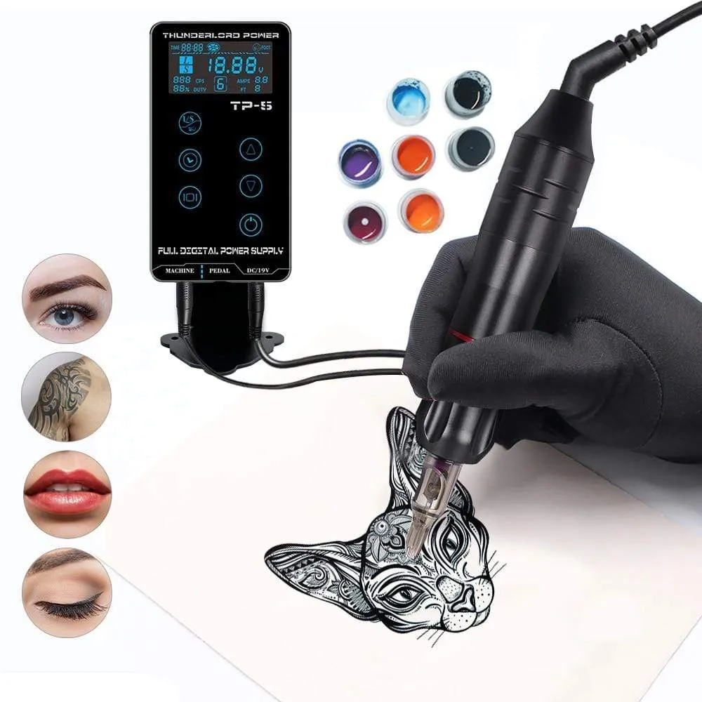 Professional Tattoo Machine Kit TP-5 Power Supply Tattoo Rotary Gun Digital Dual LCD Display Cartridges For Tattoo Artist Gift