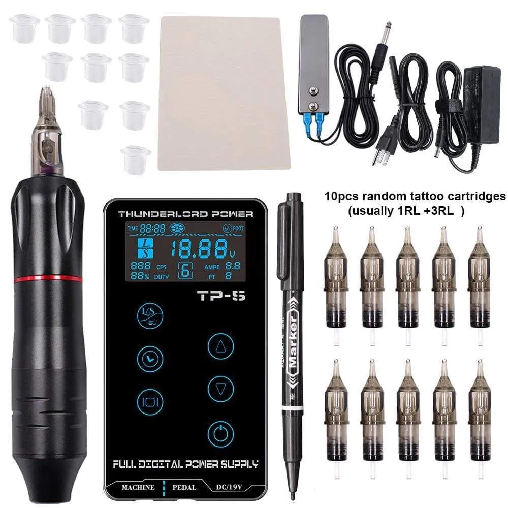 Professional Tattoo Machine Kit TP-5 Power Supply Tattoo Rotary Gun Digital Dual LCD Display Cartridges For Tattoo Artist Gift
