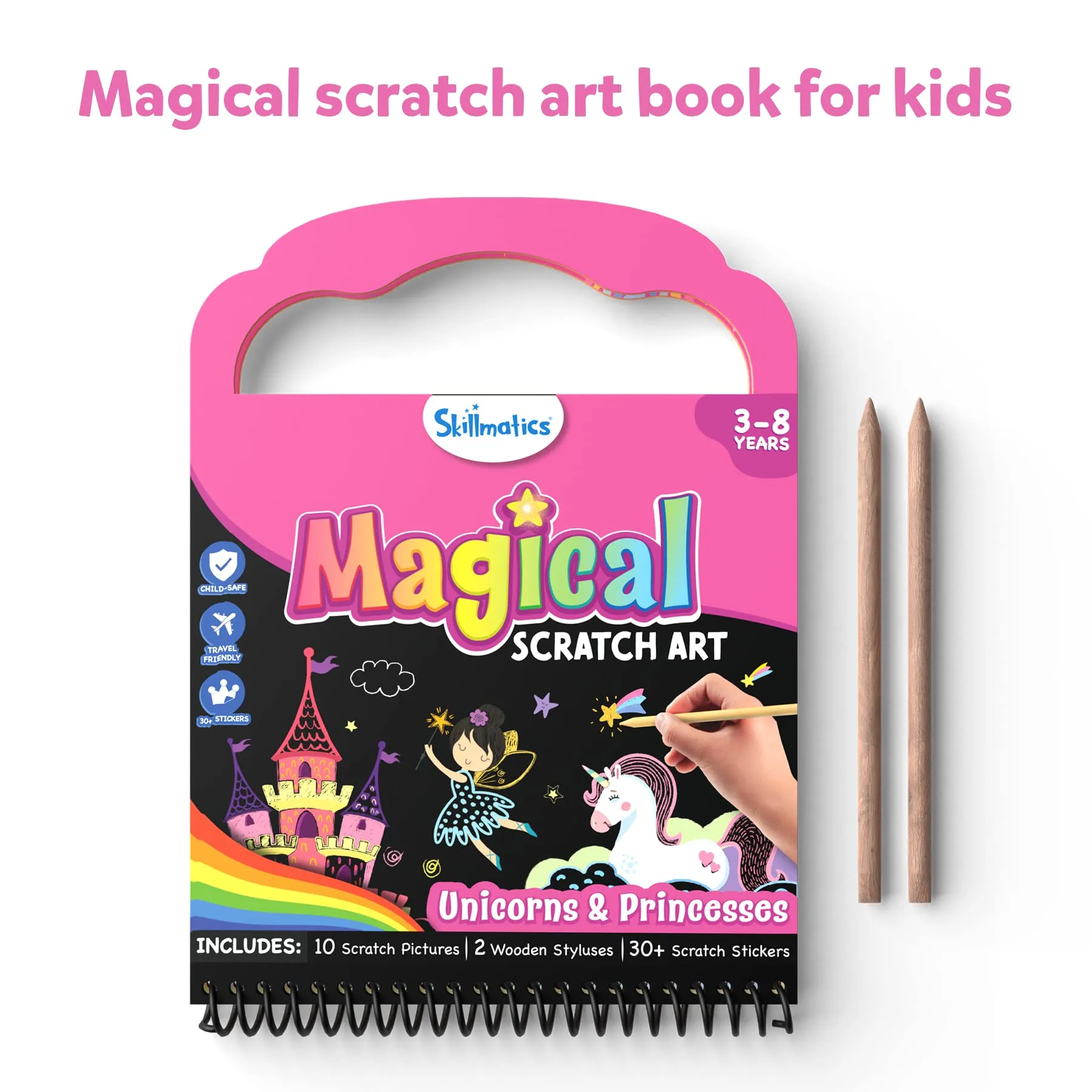 Skillmatics Magical Scratch Art Book - Unicorns & Princesses, Craft Kits, DIY Activity & Stickers, Gifts for Girls & Boys Ages 3, 4, 5, 6, 7, 8